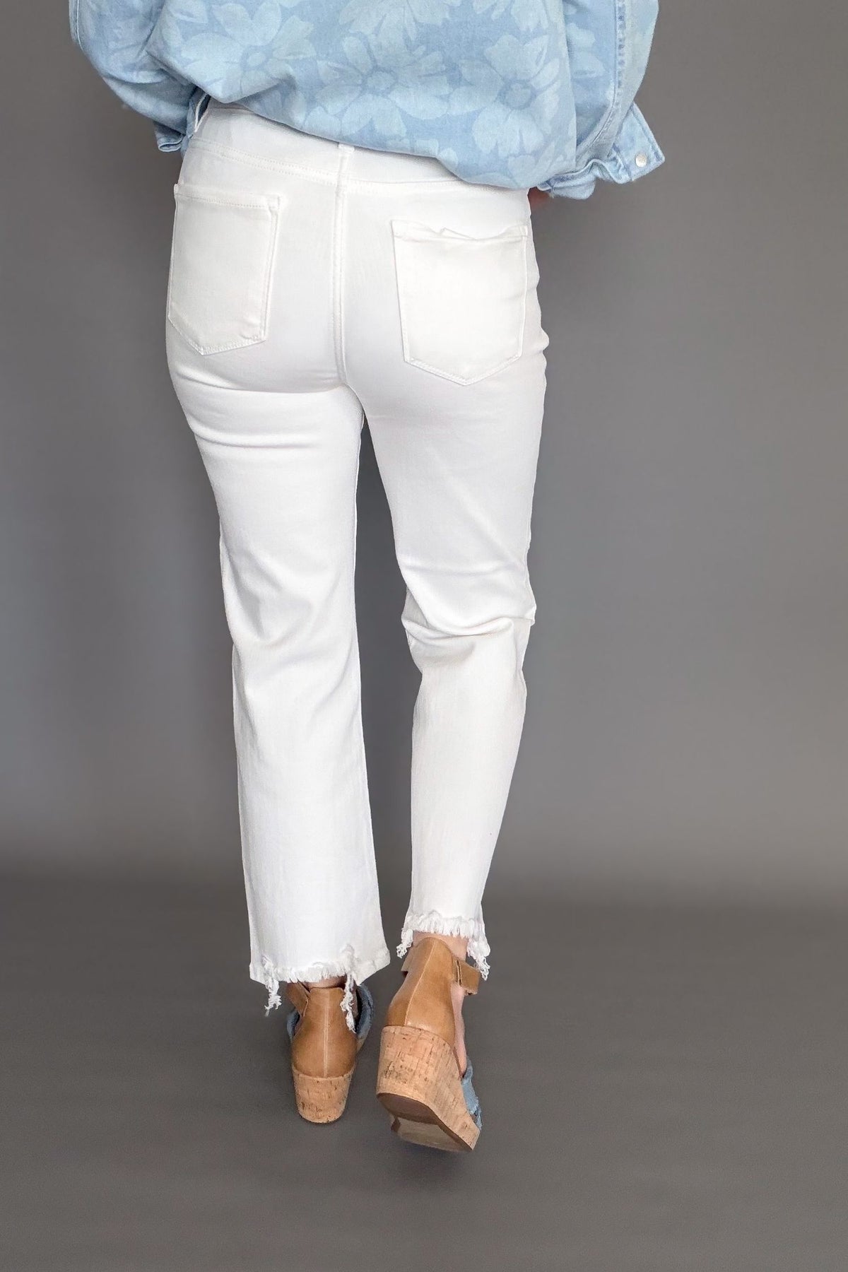 Risen Tummy Control Elastic Band High Rise Straight Crops White showing the back details