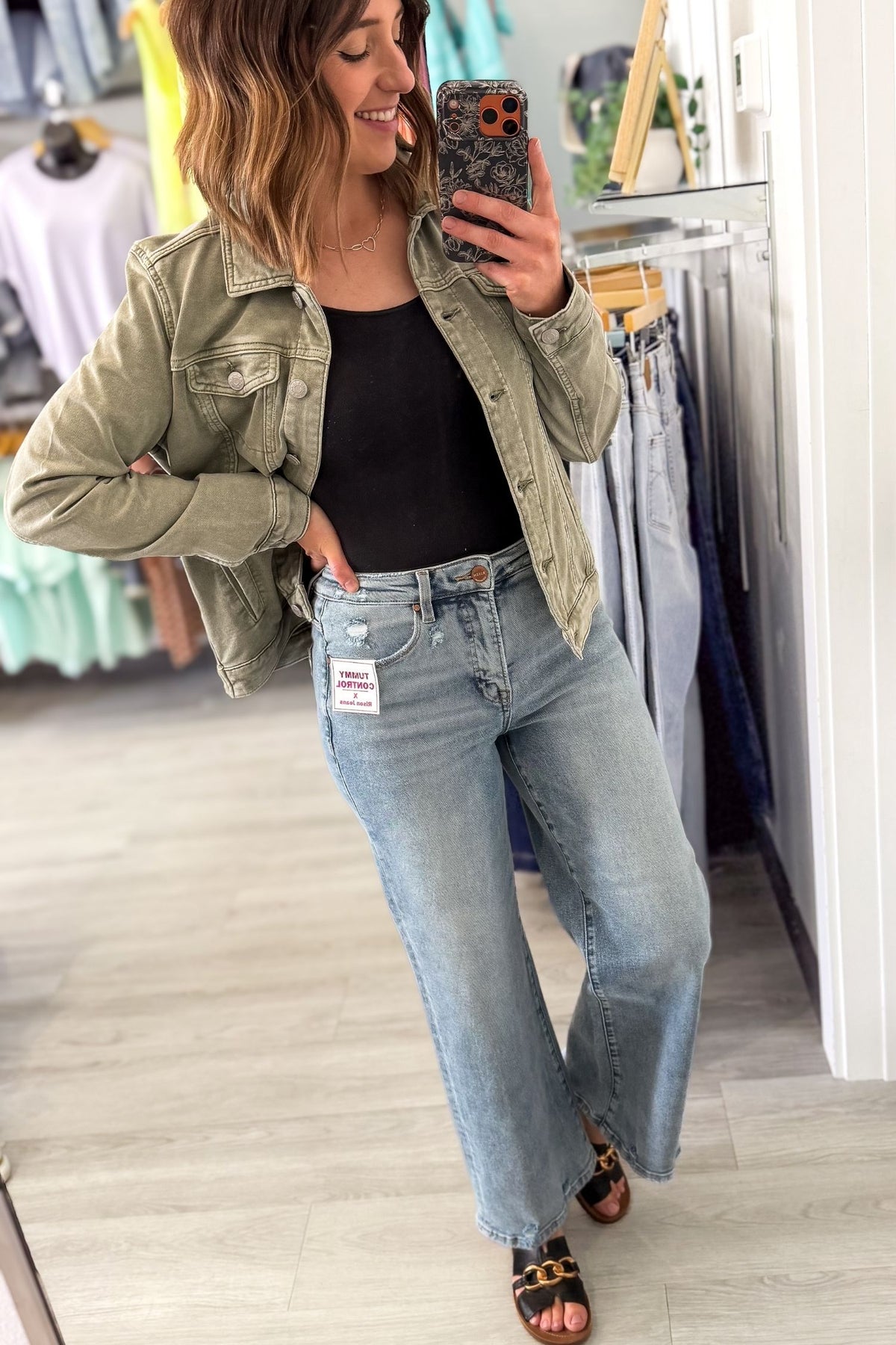 risen tummy control cropped wide leg jeans front selfie view.