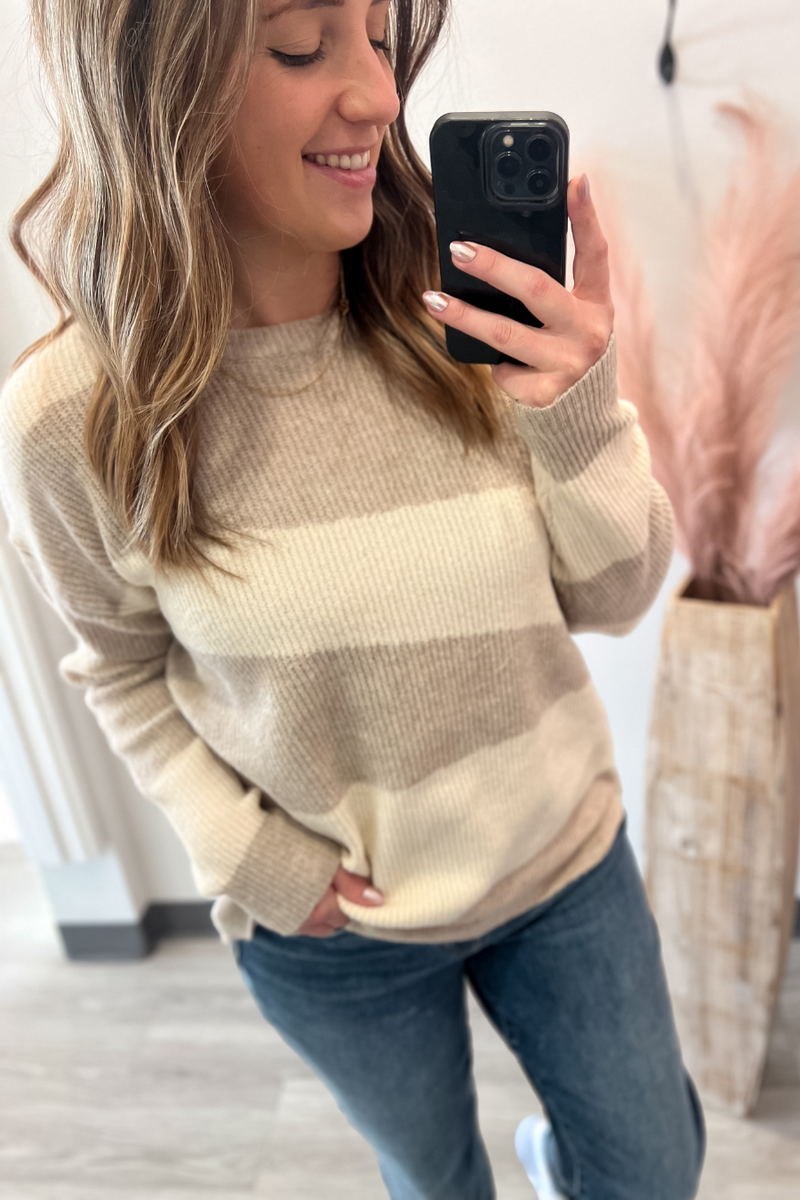 Round Neck Color Block Sweater- Ecru