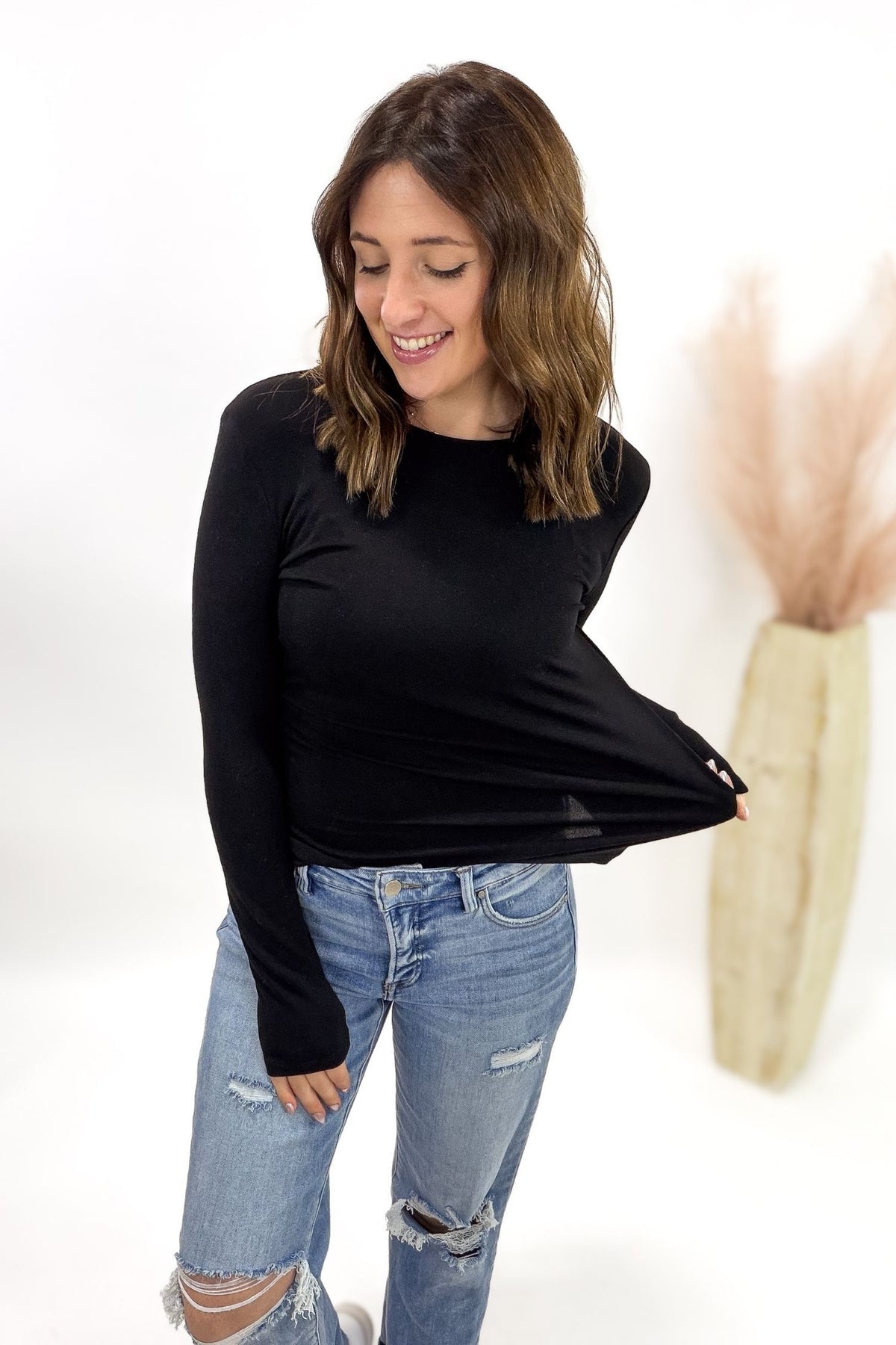Round Neck Soft Knit Long Sleeve- Black