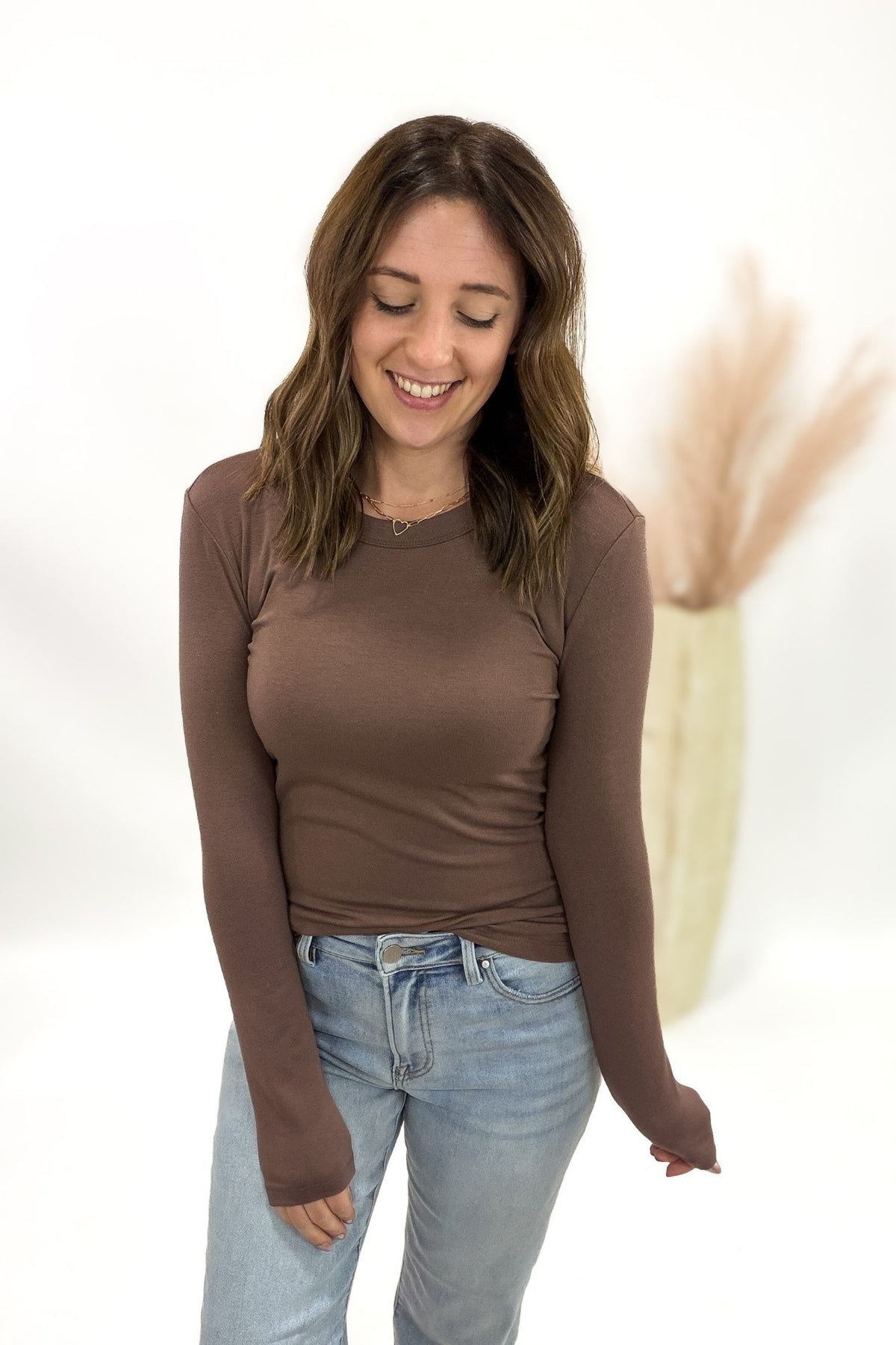 Round Neck Soft Knit Long Sleeve- Brown