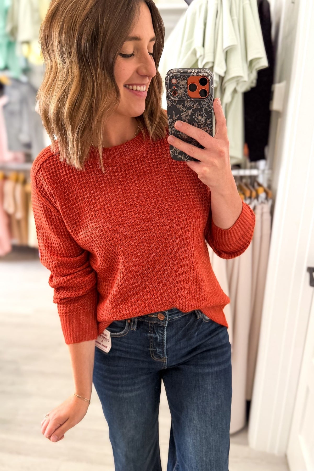 Rust Waffle Crew Neck Sweater