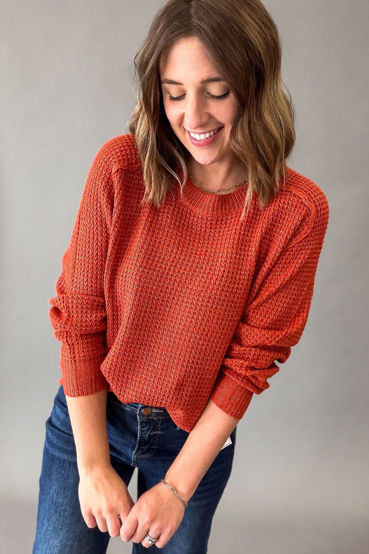 Rust Waffle Crew Neck Sweater