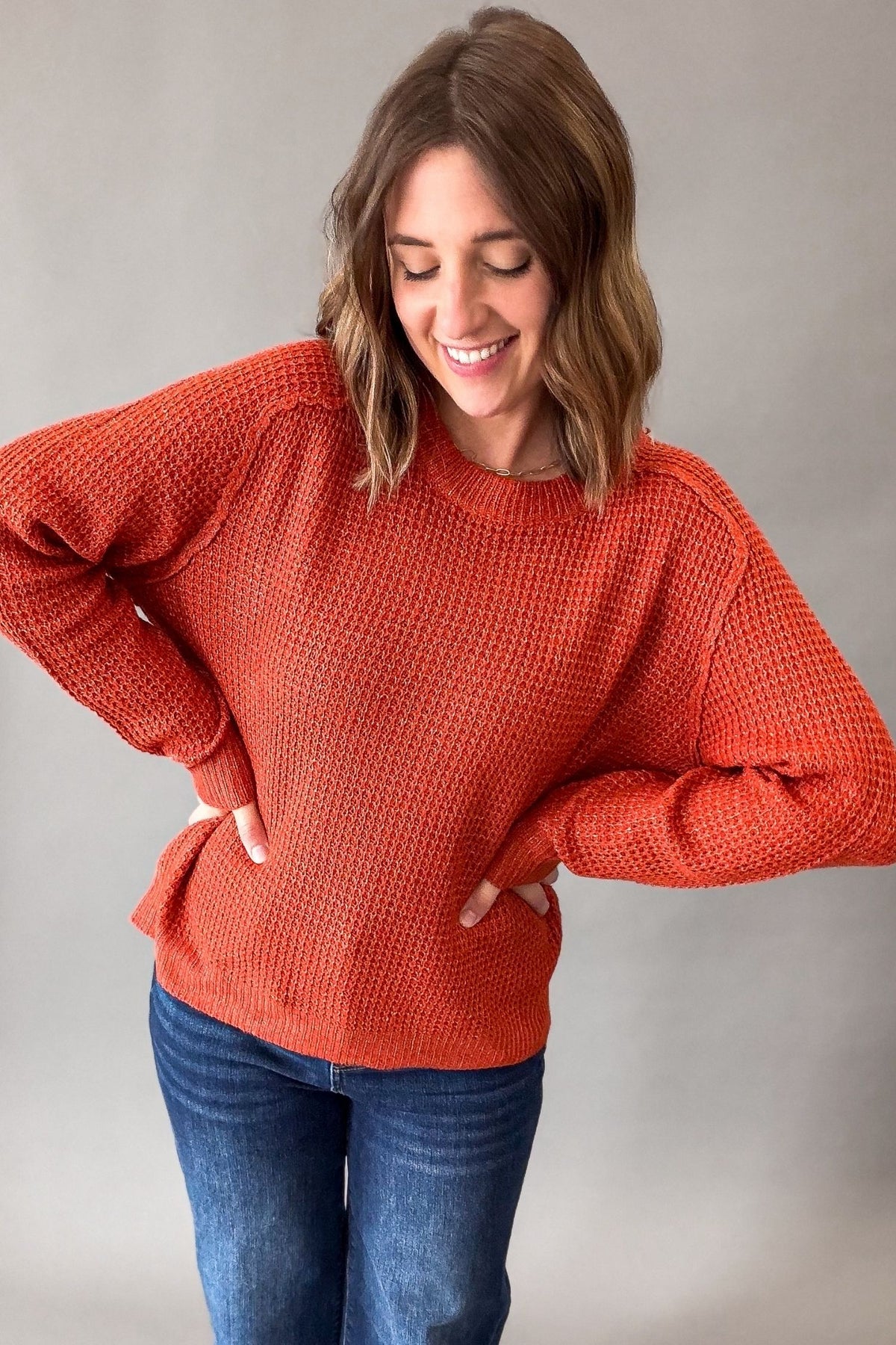 Rust Waffle Crew Neck Sweater