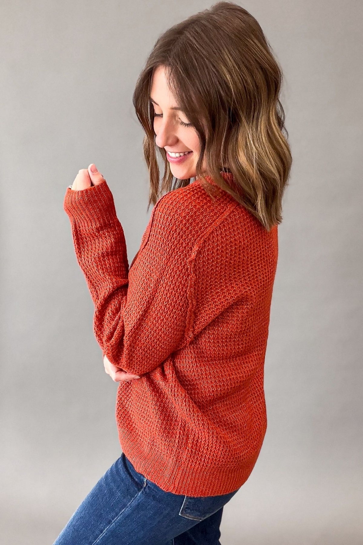 Rust Waffle Crew Neck Sweater