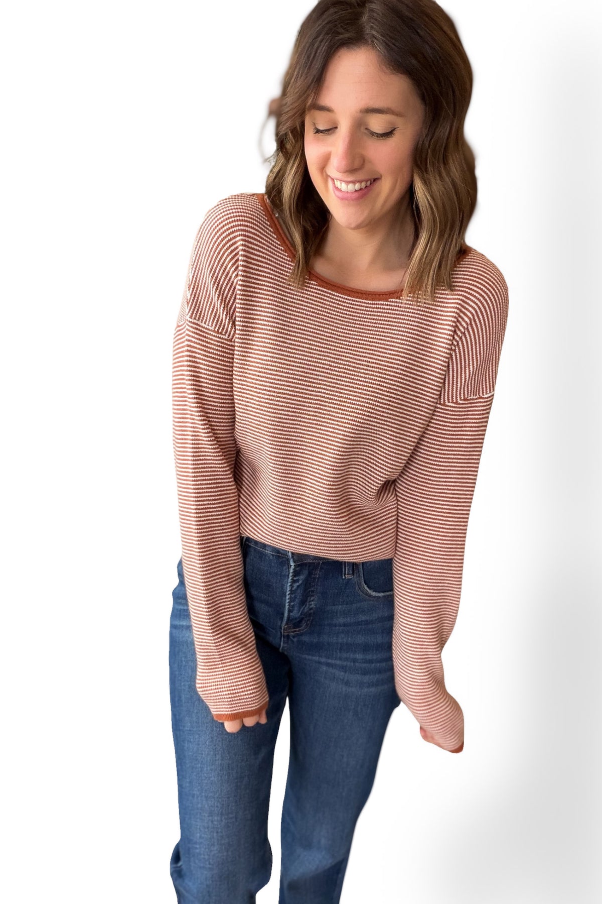 Rust Waffle Texture Pinstripe Sweater