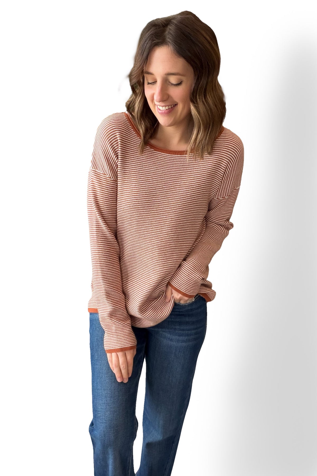 Rust Waffle Texture Pinstripe Sweater