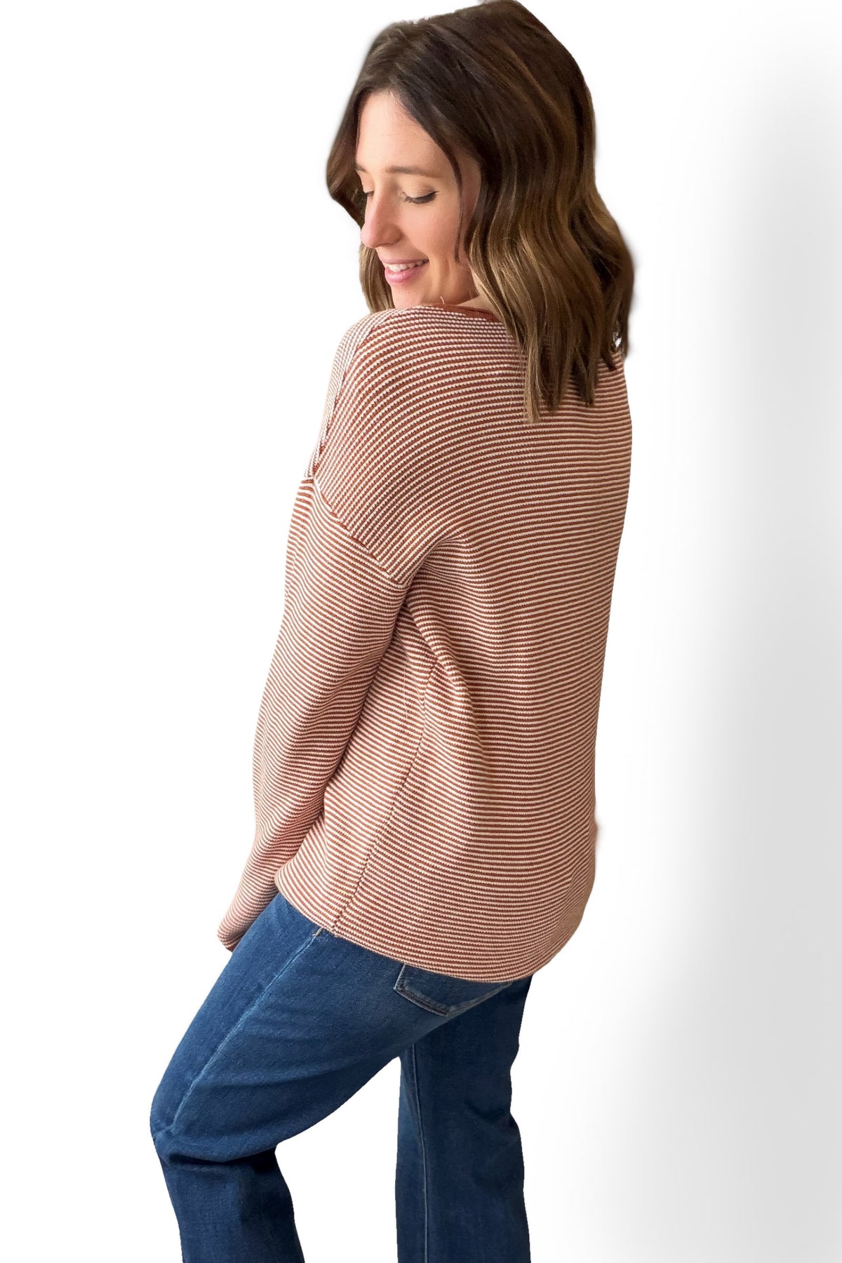 Rust Waffle Texture Pinstripe Sweater