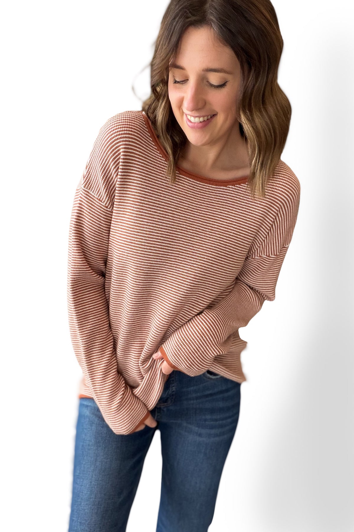 Rust Waffle Texture Pinstripe Sweater