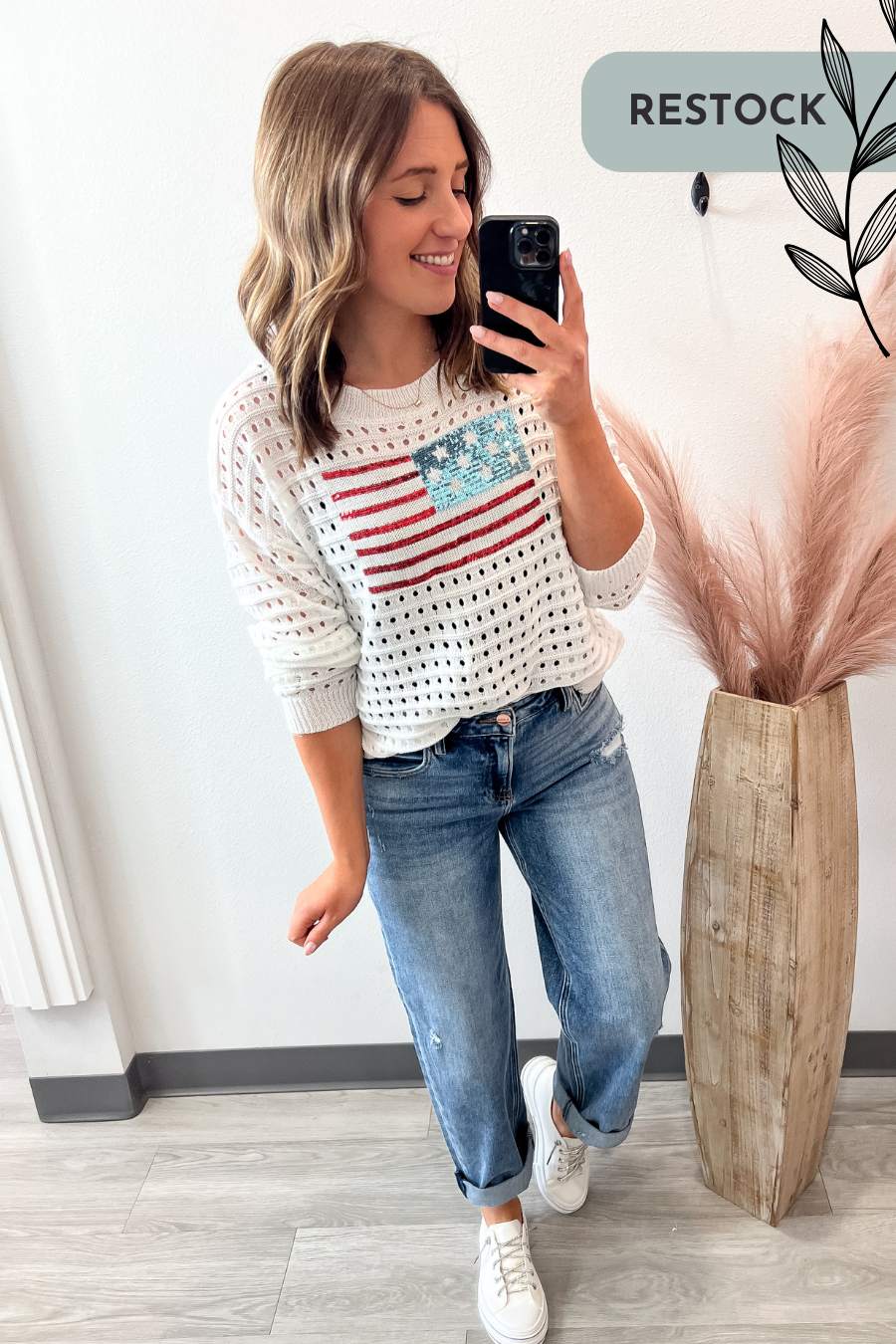 Sequin Flag Eyelet Pullover