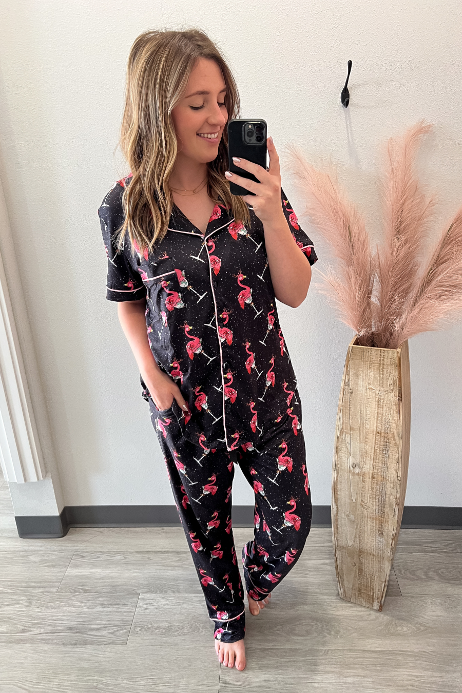 Short Sleeve Holiday Flamingo Pajama Set- Black & Pink