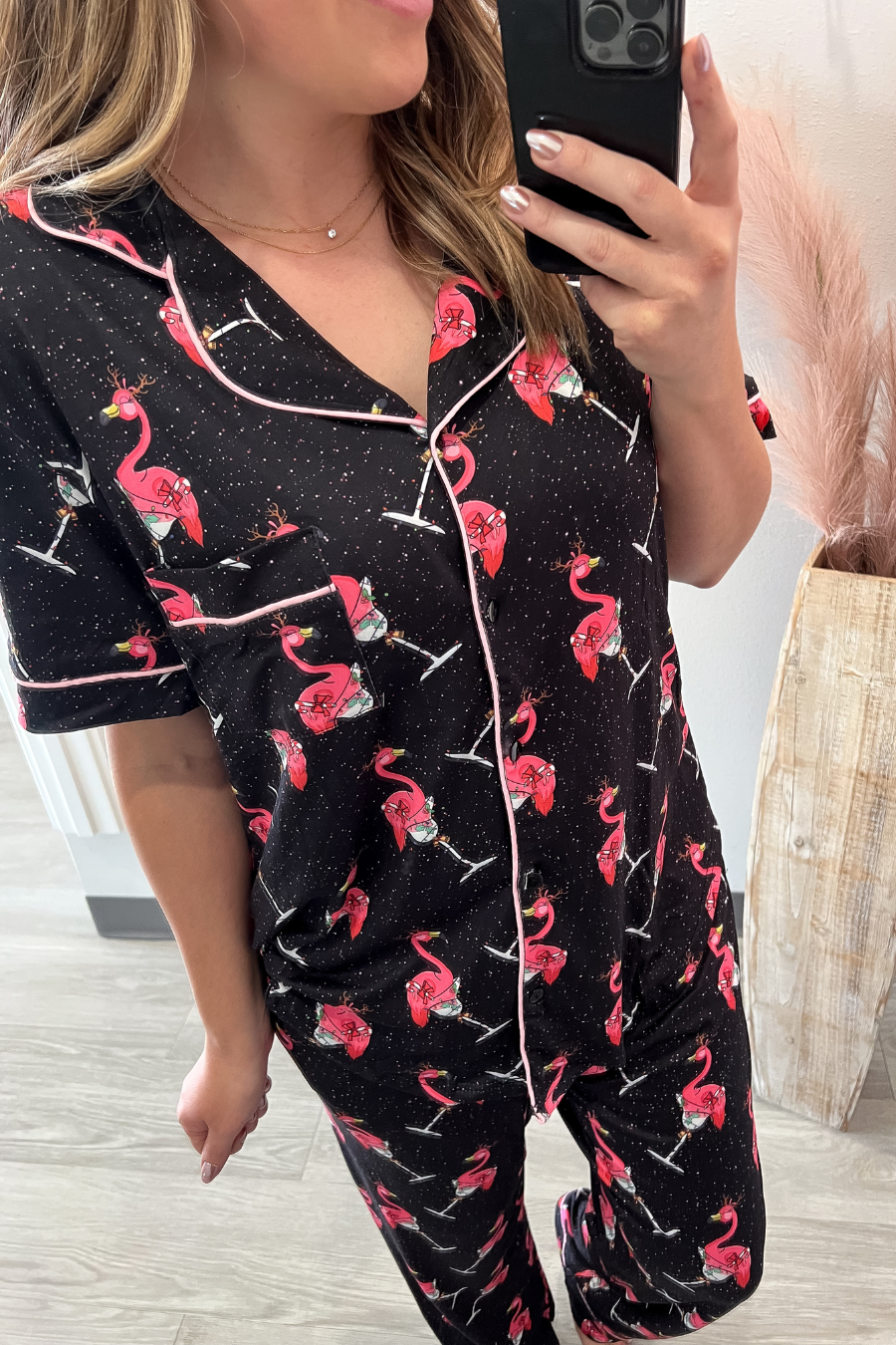 Short Sleeve Holiday Flamingo Pajama Set- Black & Pink