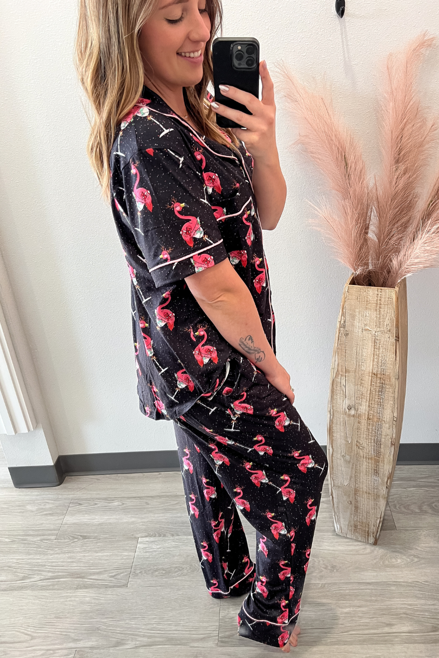 Short Sleeve Holiday Flamingo Pajama Set- Black & Pink