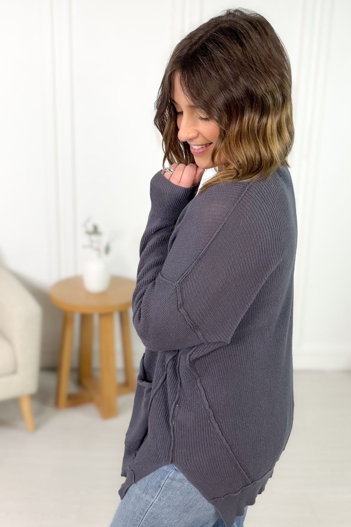 Women’s slate blue layering cardigan with soft knit texture