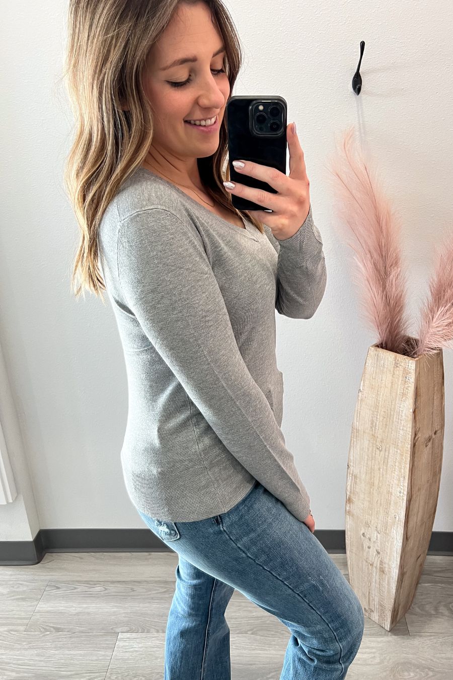 Soft Knit V-Neck Sweater- Heather Grey