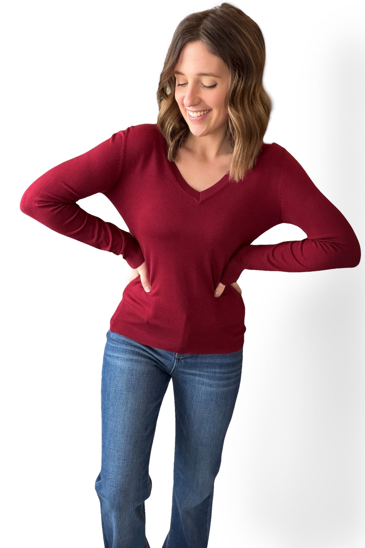 Soft Knit V-Neck Sweater- Wine
