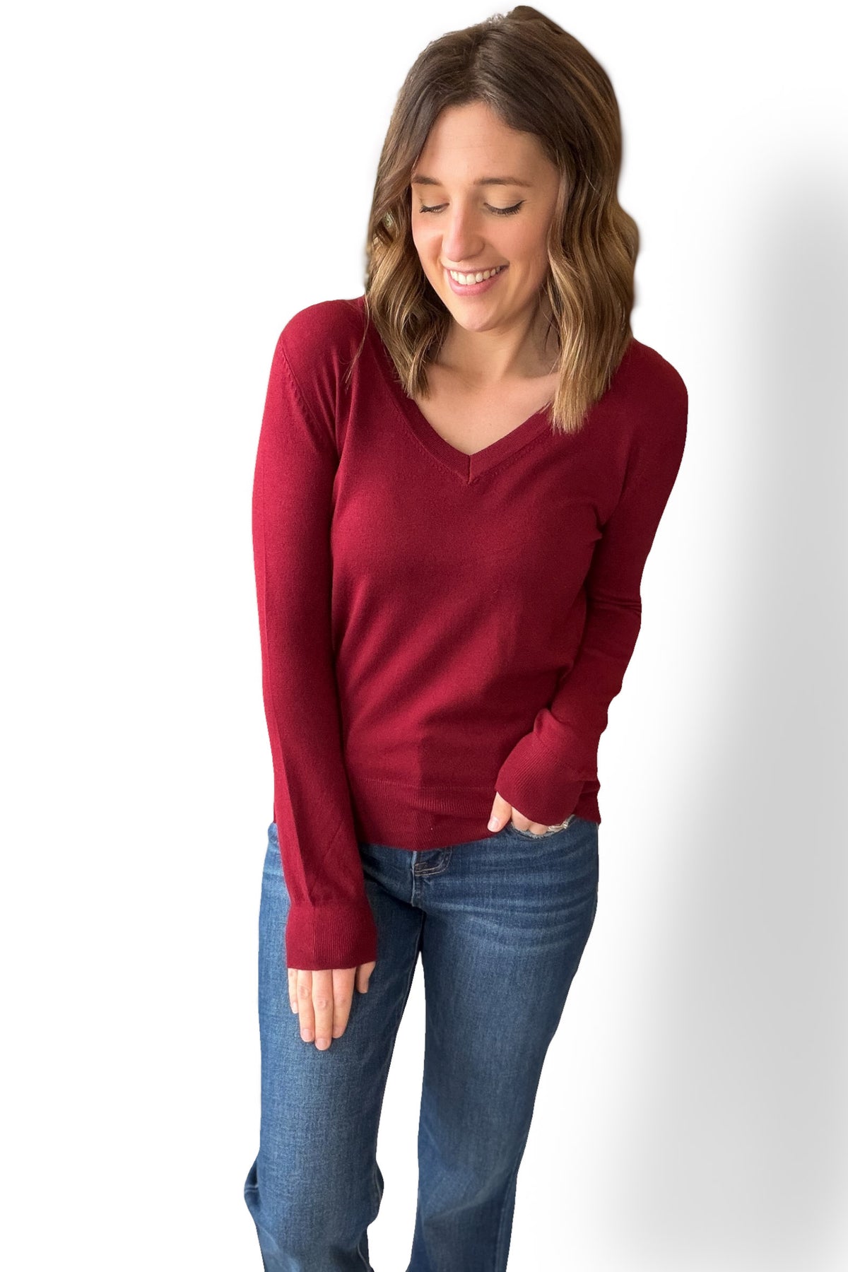 Soft Knit V-Neck Sweater- Wine