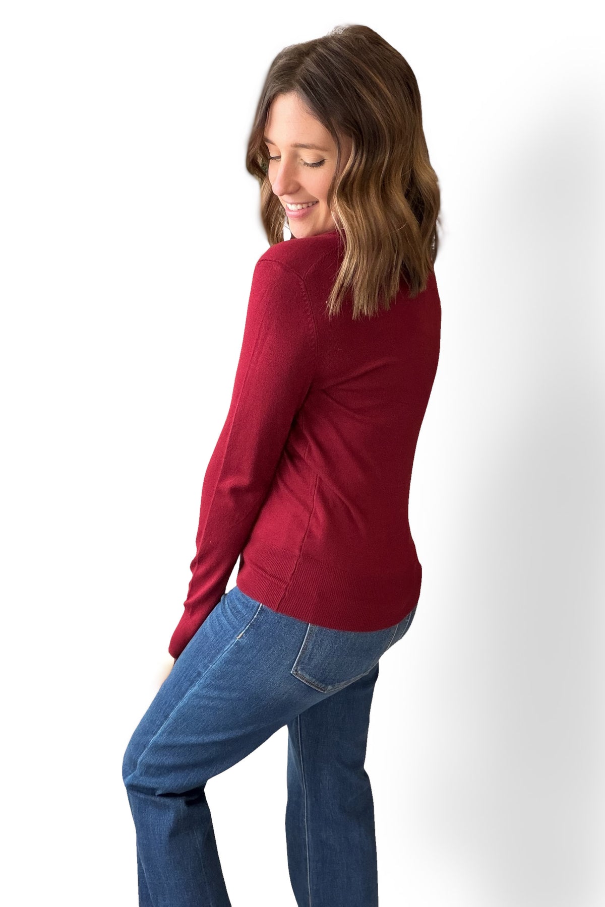 Soft Knit V-Neck Sweater- Wine