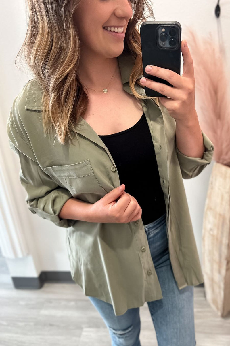 Soft Long Sleeve Button Up- Olive