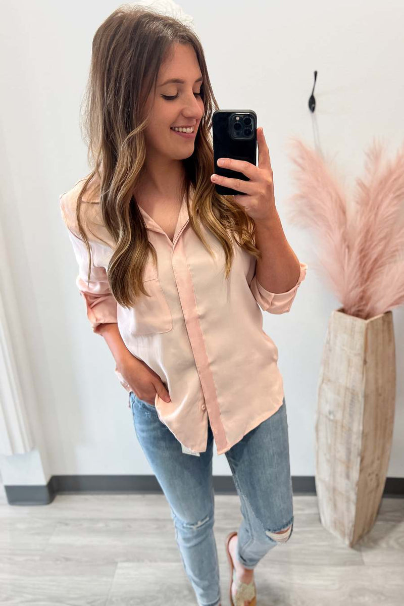 Soft Long Sleeve Button Up- Pale Pink