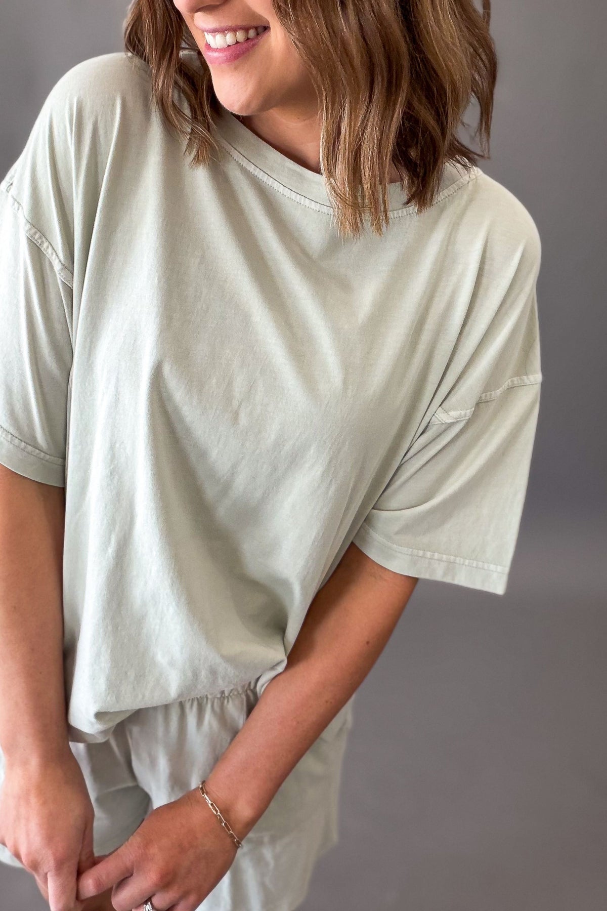 woman wearing a soft mint cotton lounge set