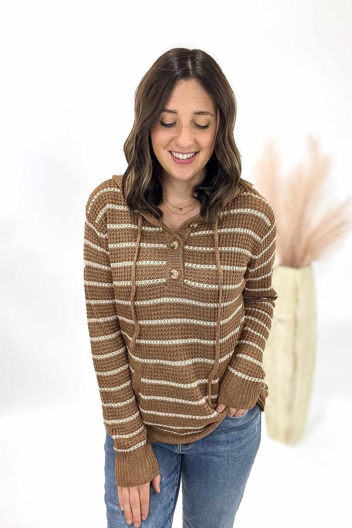 Striped Button Front Waffle Sweater in Camel