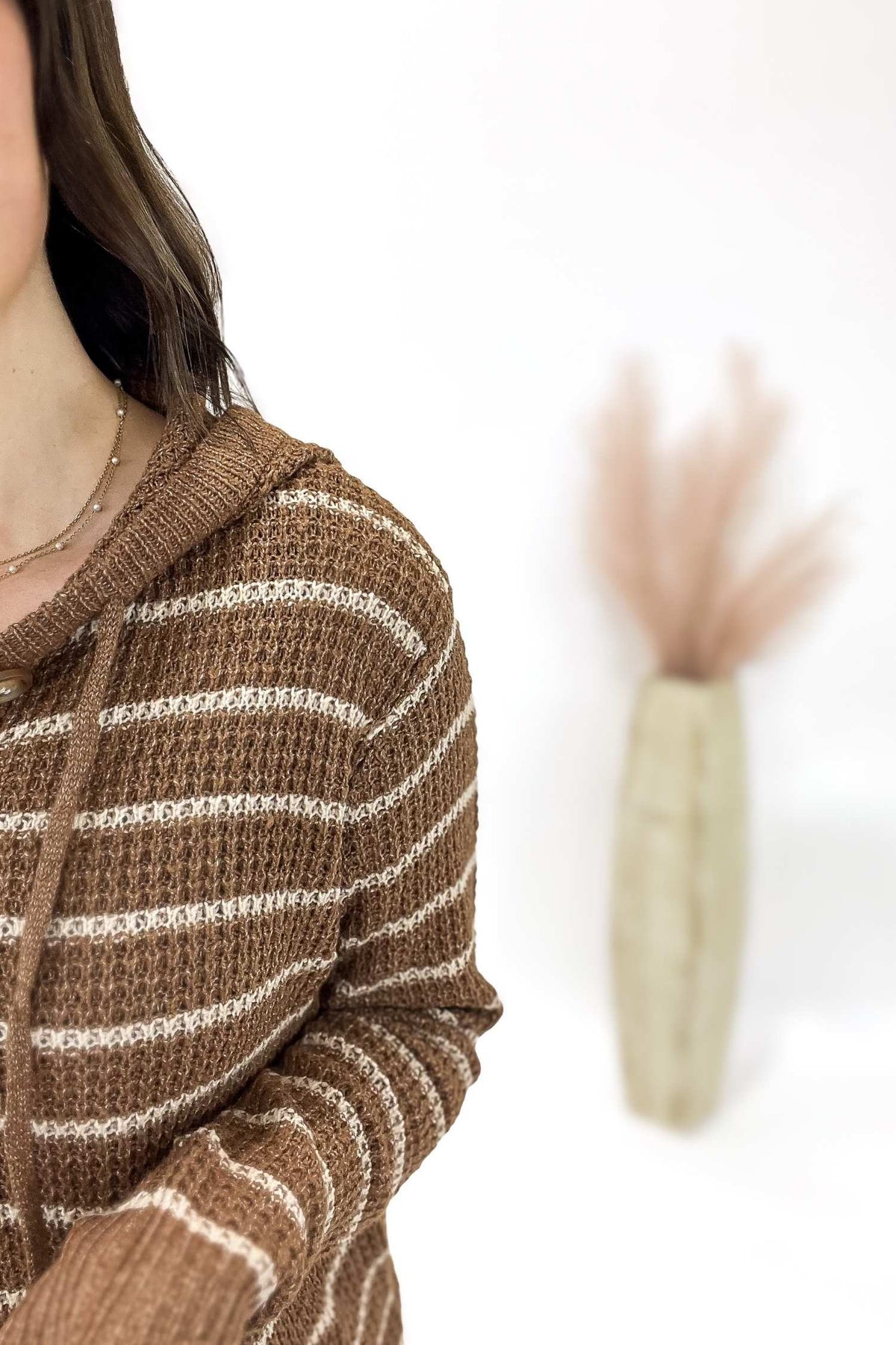 Striped Button Front Waffle Sweater in Camel