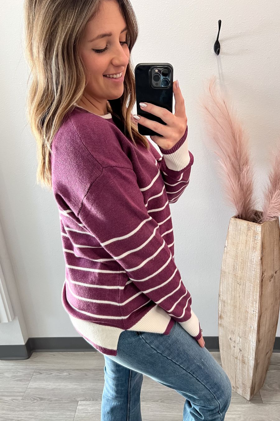 Striped Crew Neck Sweater- Magenta