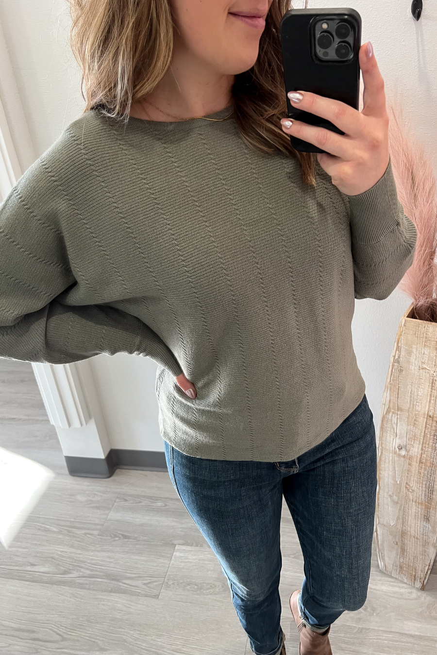 Textured Boat Neck Sweater- Dark Sage