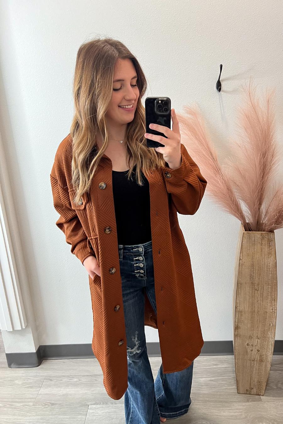 Textured Button Down Long Jacket- Copper