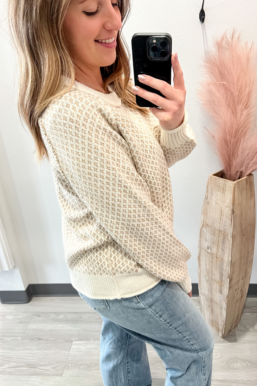 Textured Crew Neck Sweater- Beige