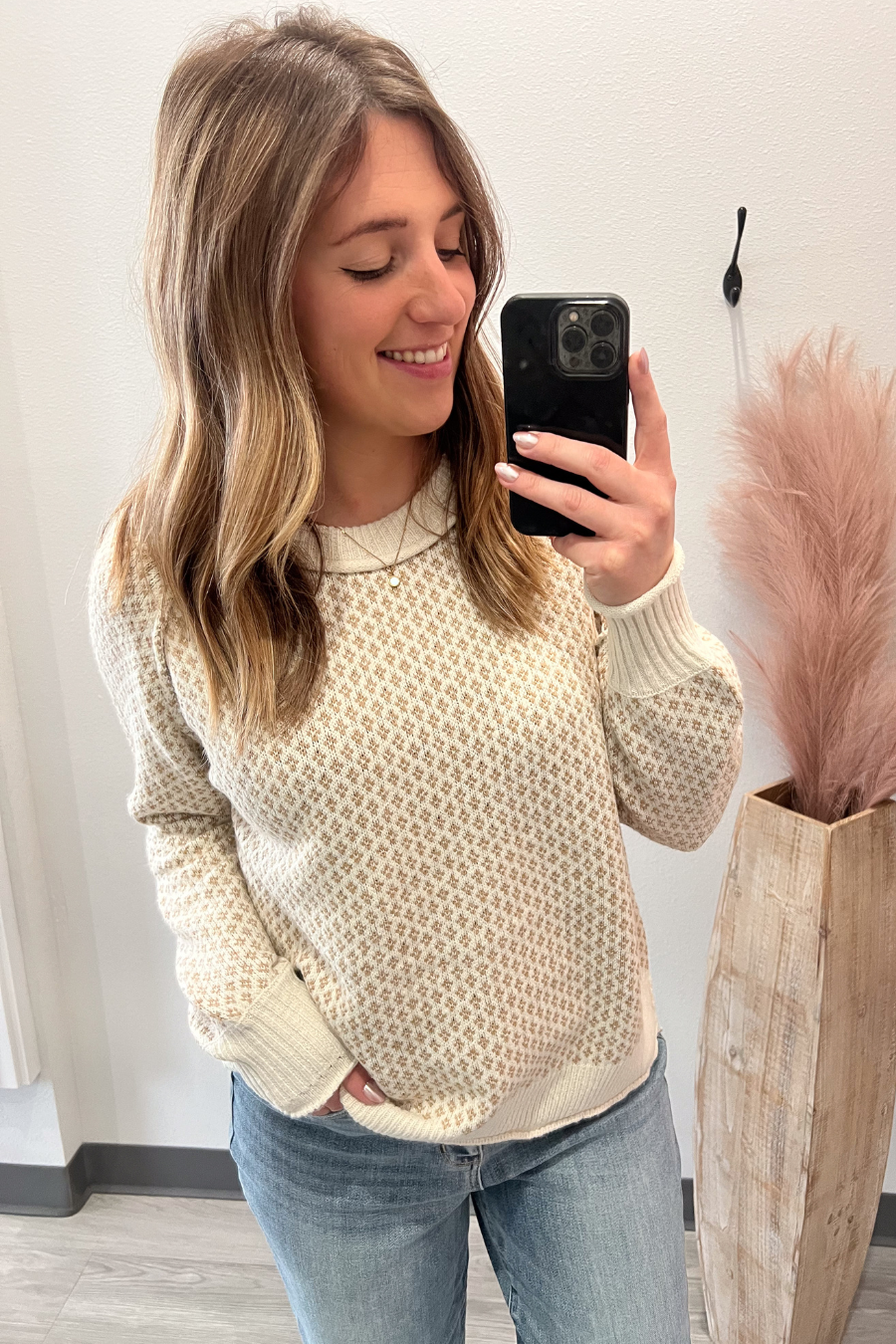 Textured Crew Neck Sweater- Beige