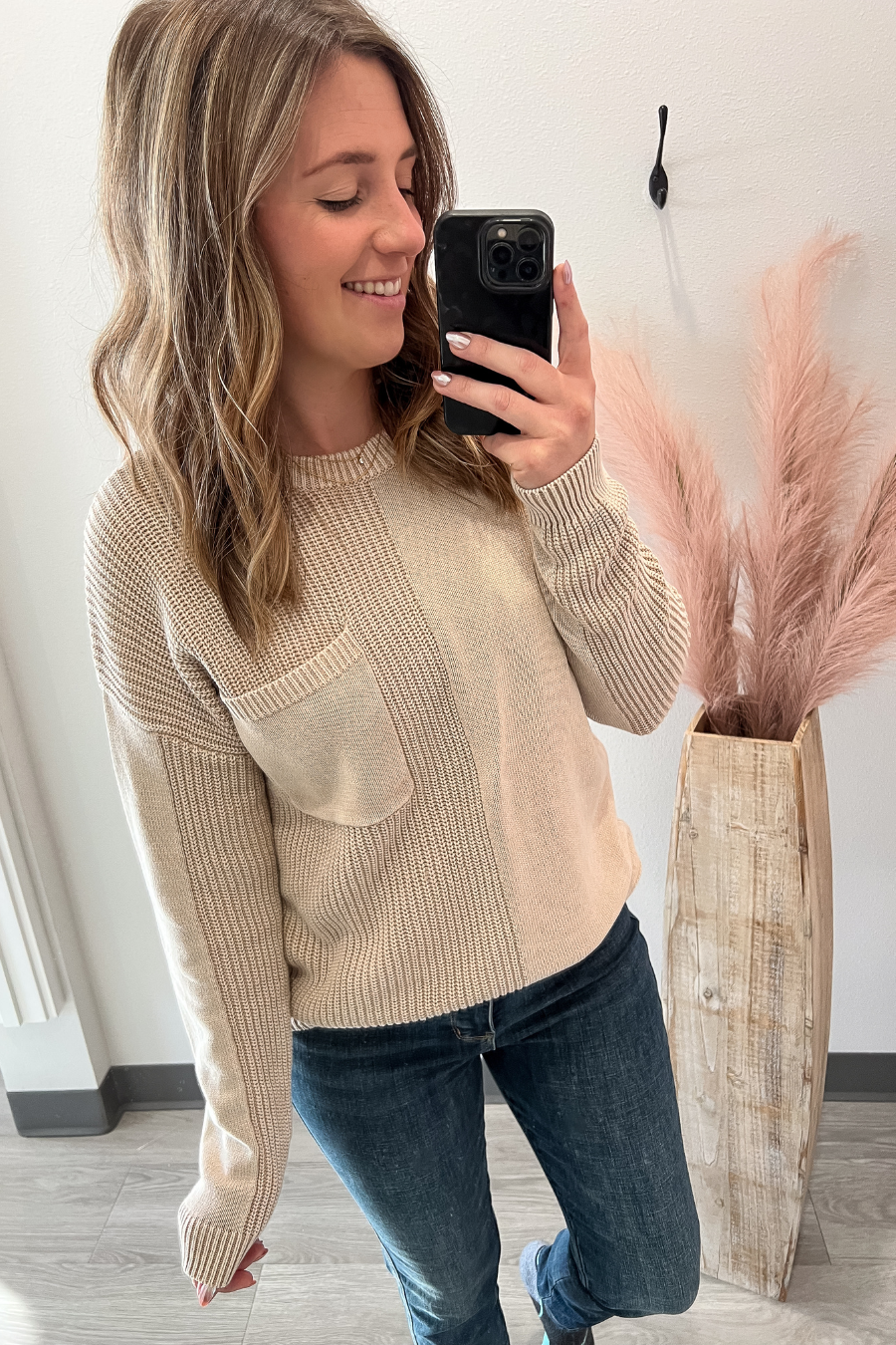 Textured Crew Neck Sweater- Taupe