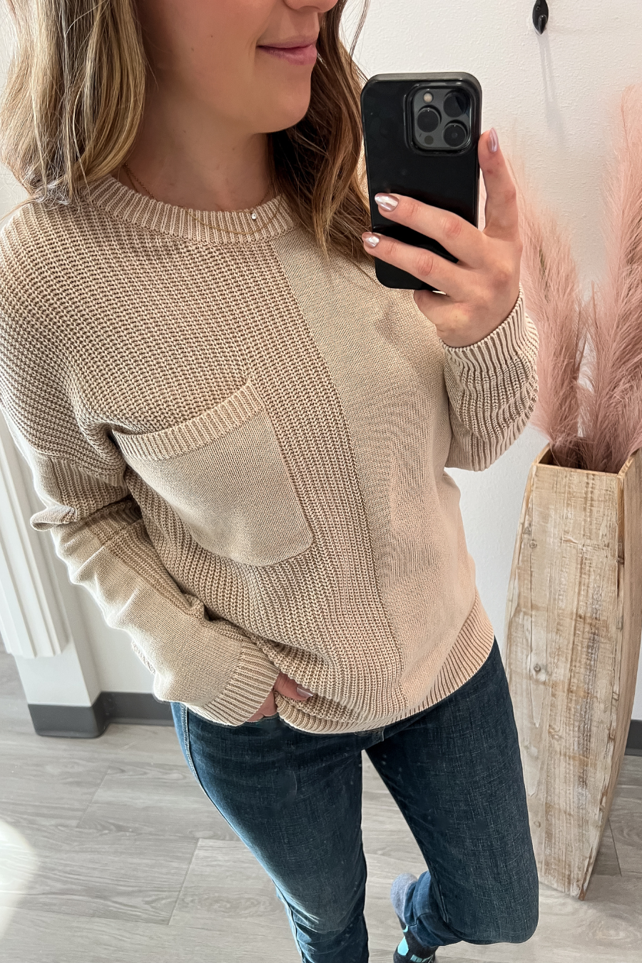 Textured Crew Neck Sweater- Taupe