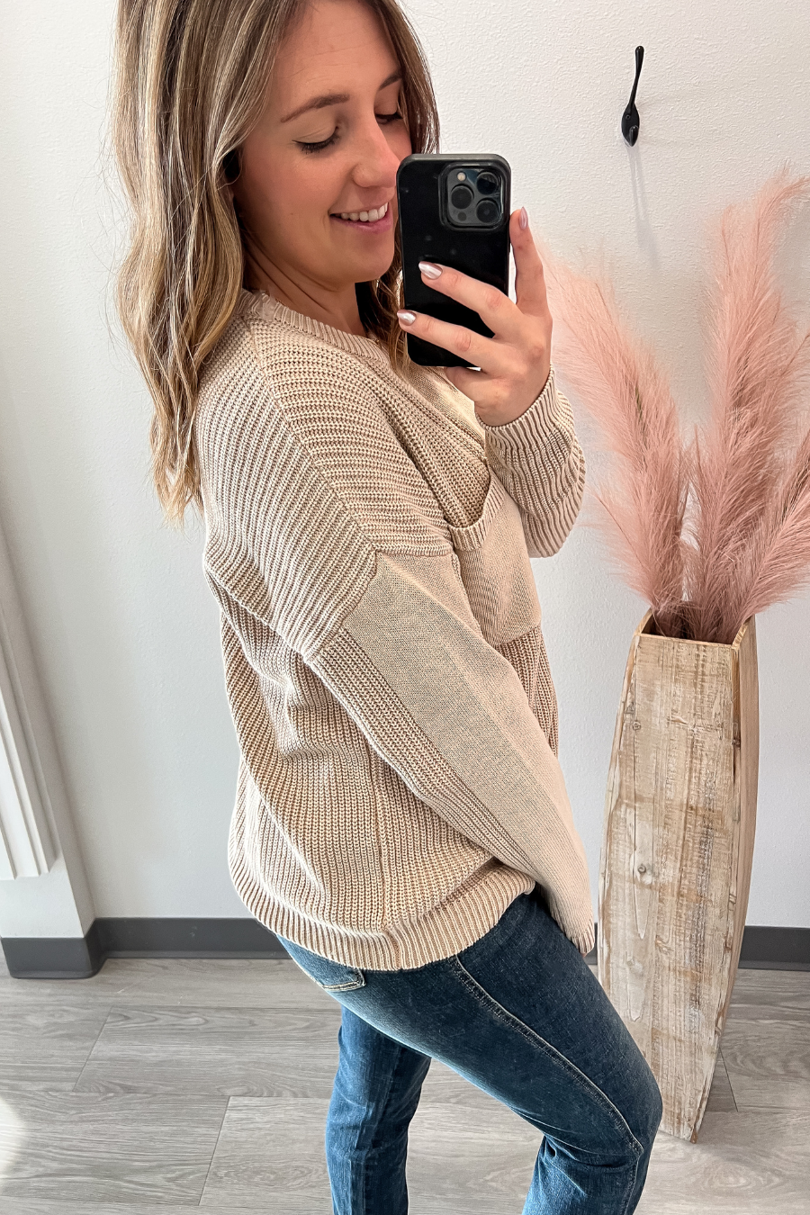 Textured Crew Neck Sweater- Taupe