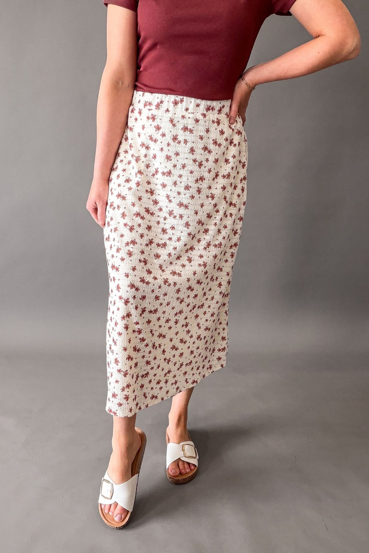 off white textured floral midi skirt for woman