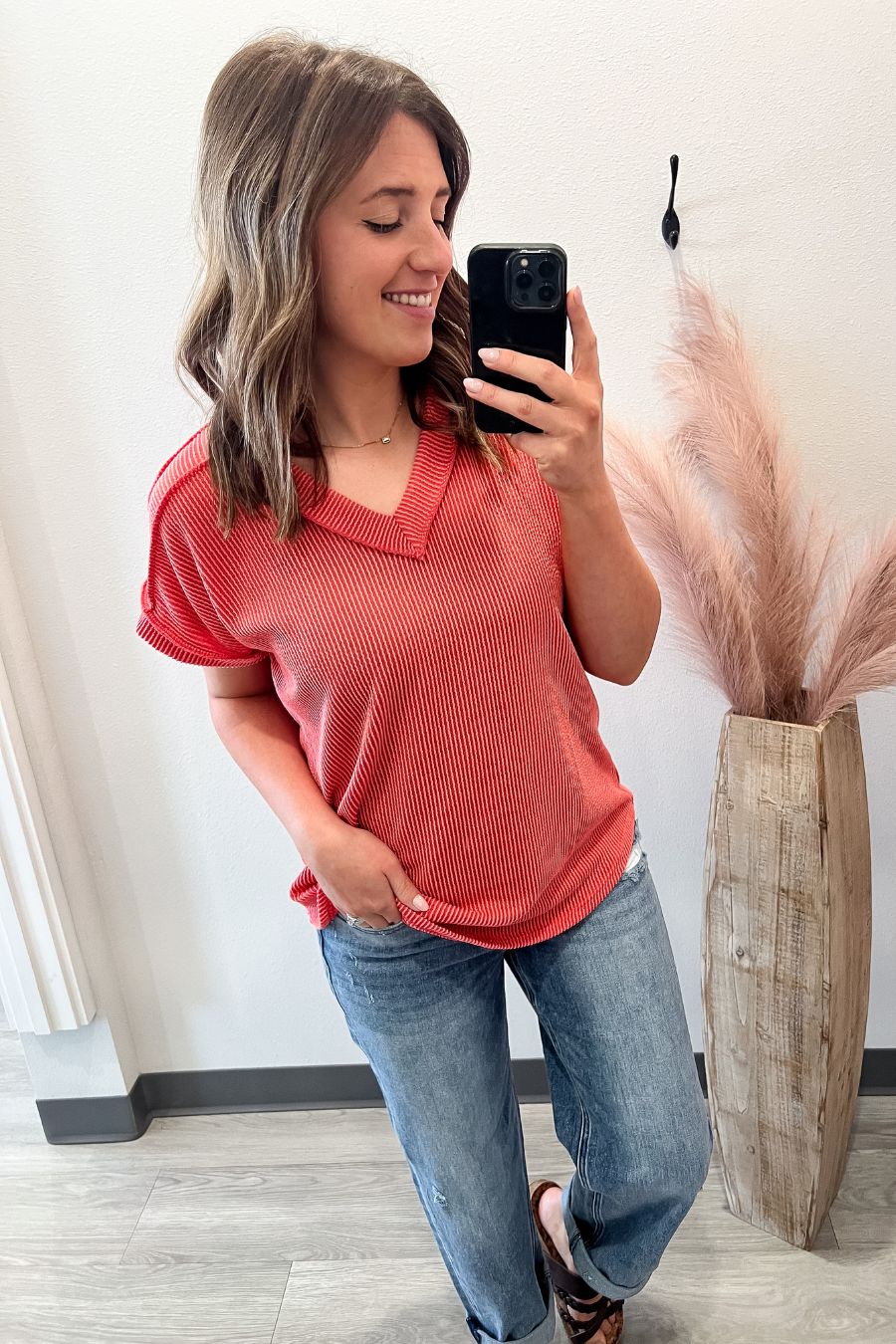 V-Neck Ribbed Tee- Coral
