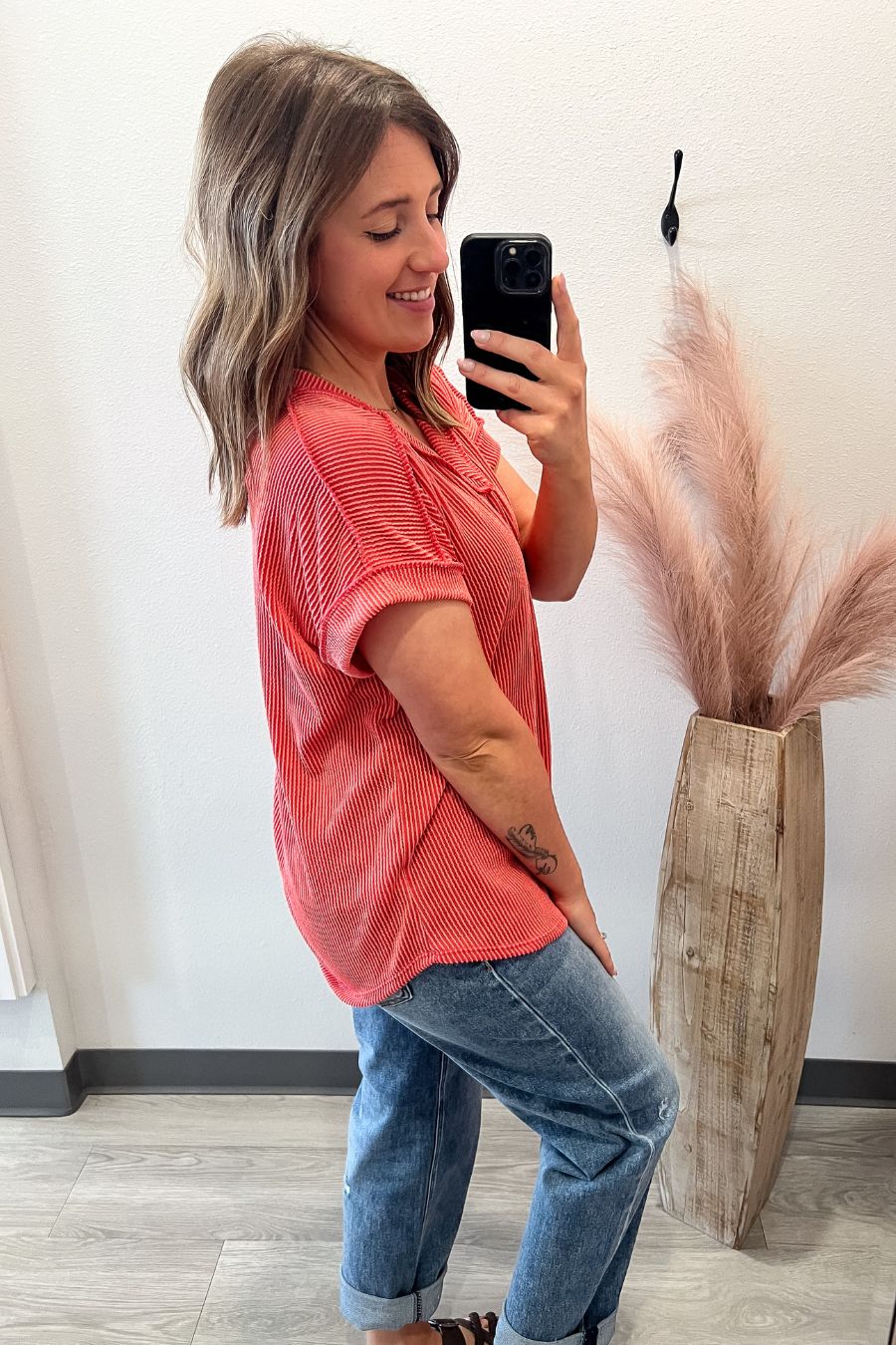 V-Neck Ribbed Tee- Coral
