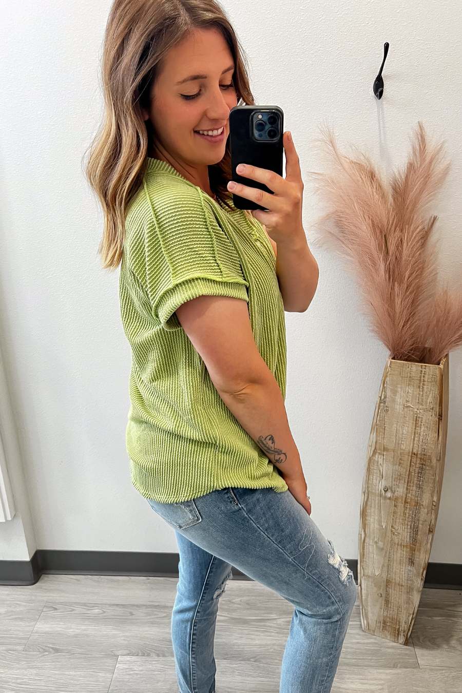 V-Neck Ribbed Tee- Green