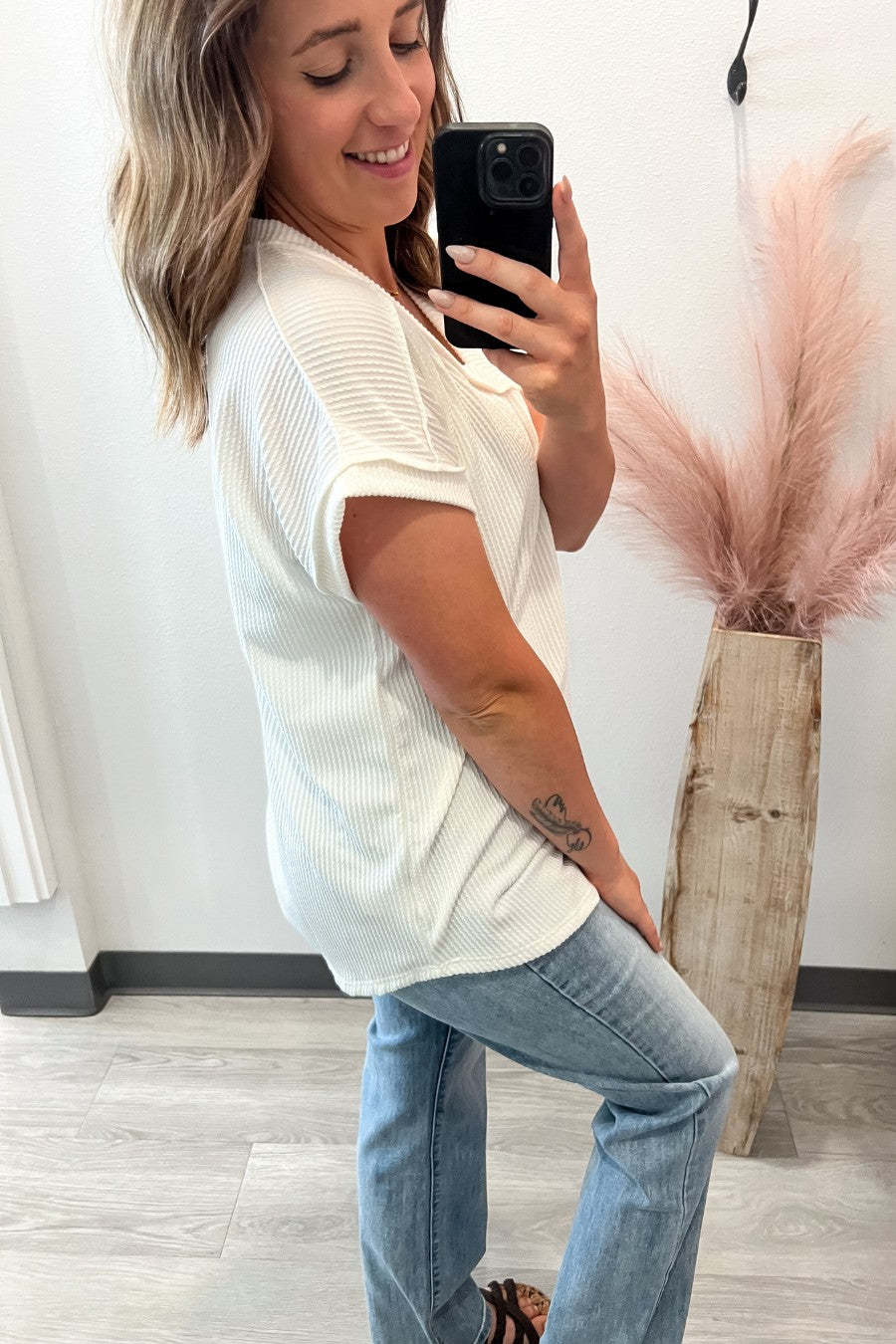 V-Neck Ribbed Tee- Ivory