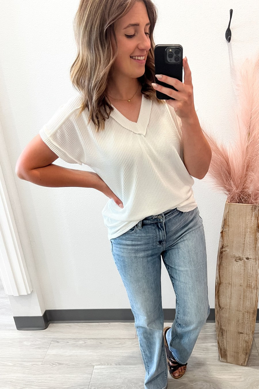 V-Neck Ribbed Tee- Ivory