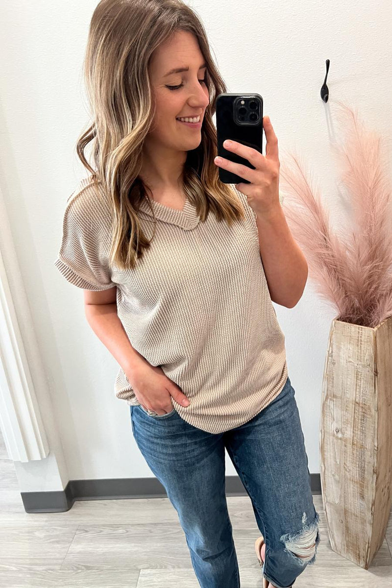 oatmeal ribbed v neck tee