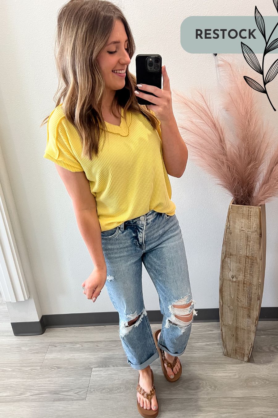 V-Neck Ribbed Tee- Yellow