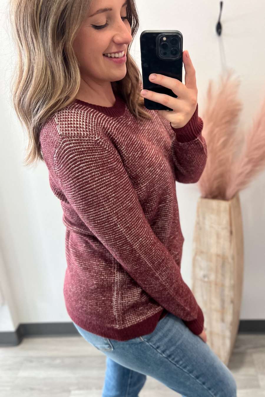 Waffle Textured Two Tone Sweater- Wine