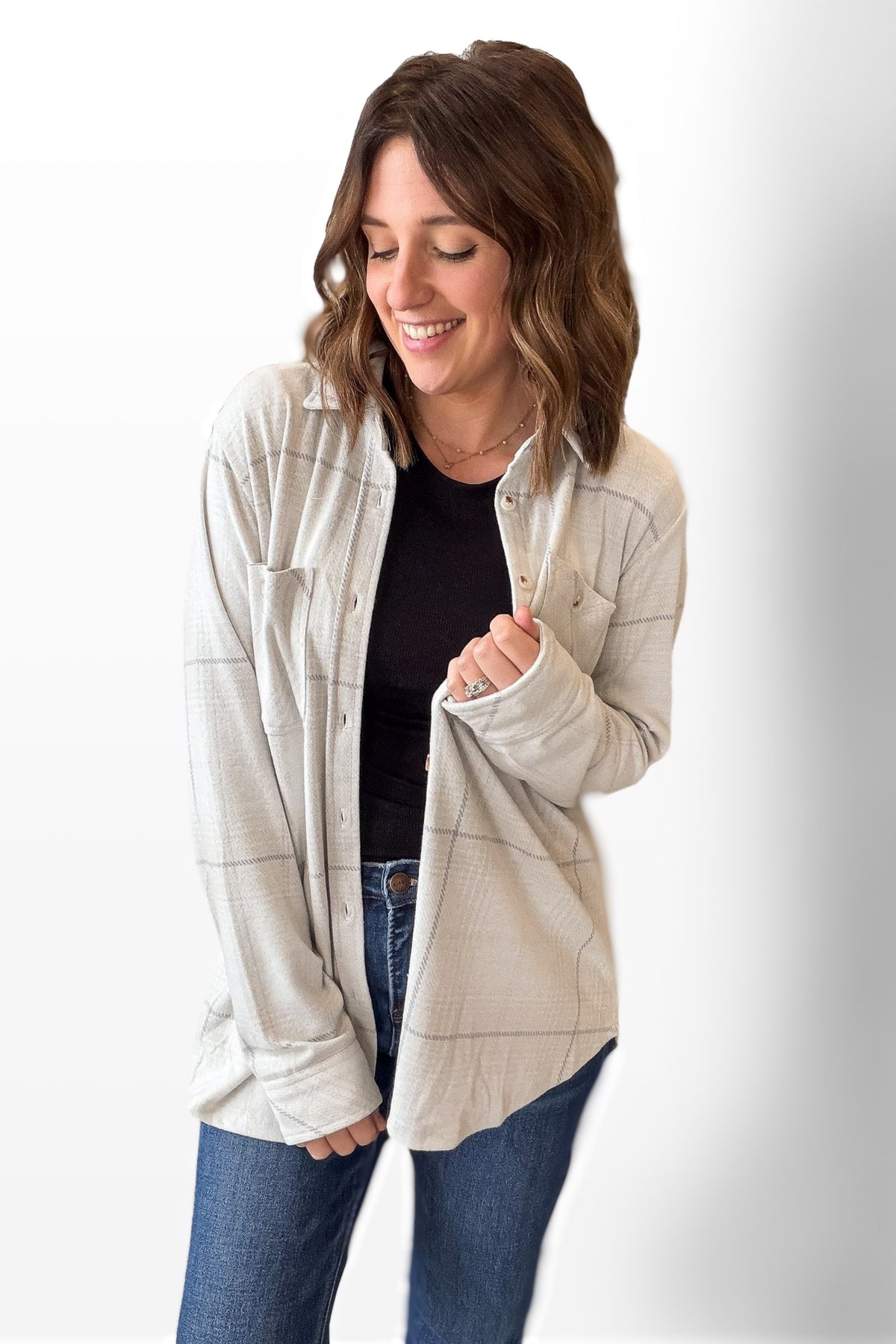 White + Grey Soft Plaid Button Up