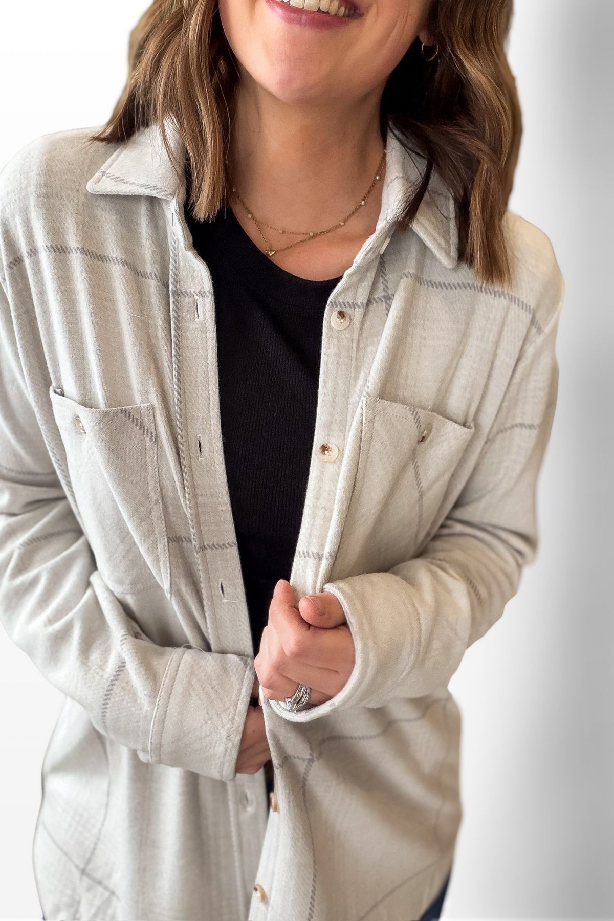 White + Grey Soft Plaid Button Up