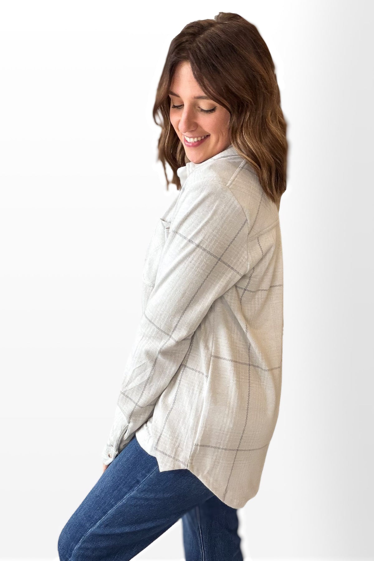 White + Grey Soft Plaid Button Up