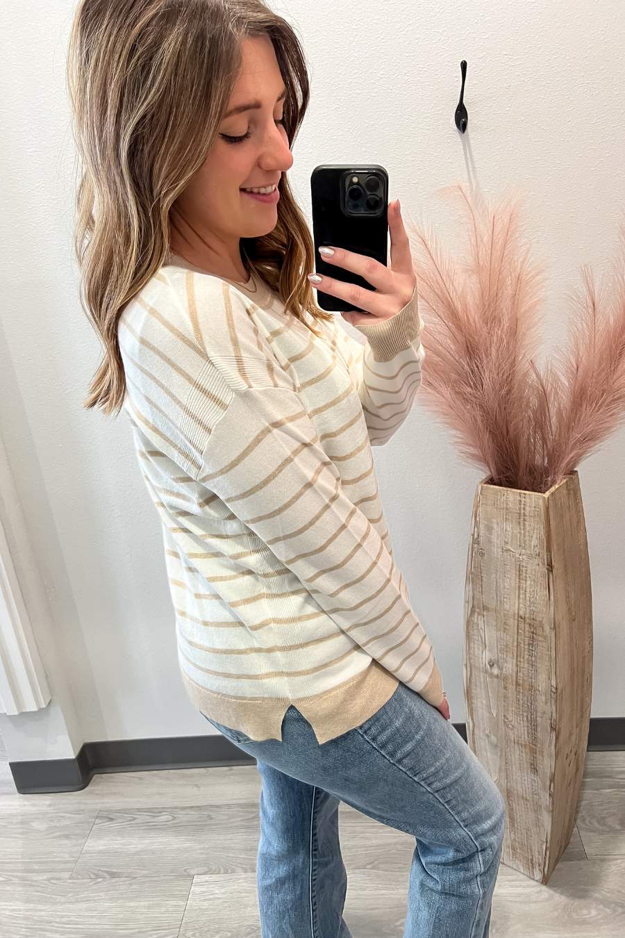 White and Beige Striped Pullover Sweater