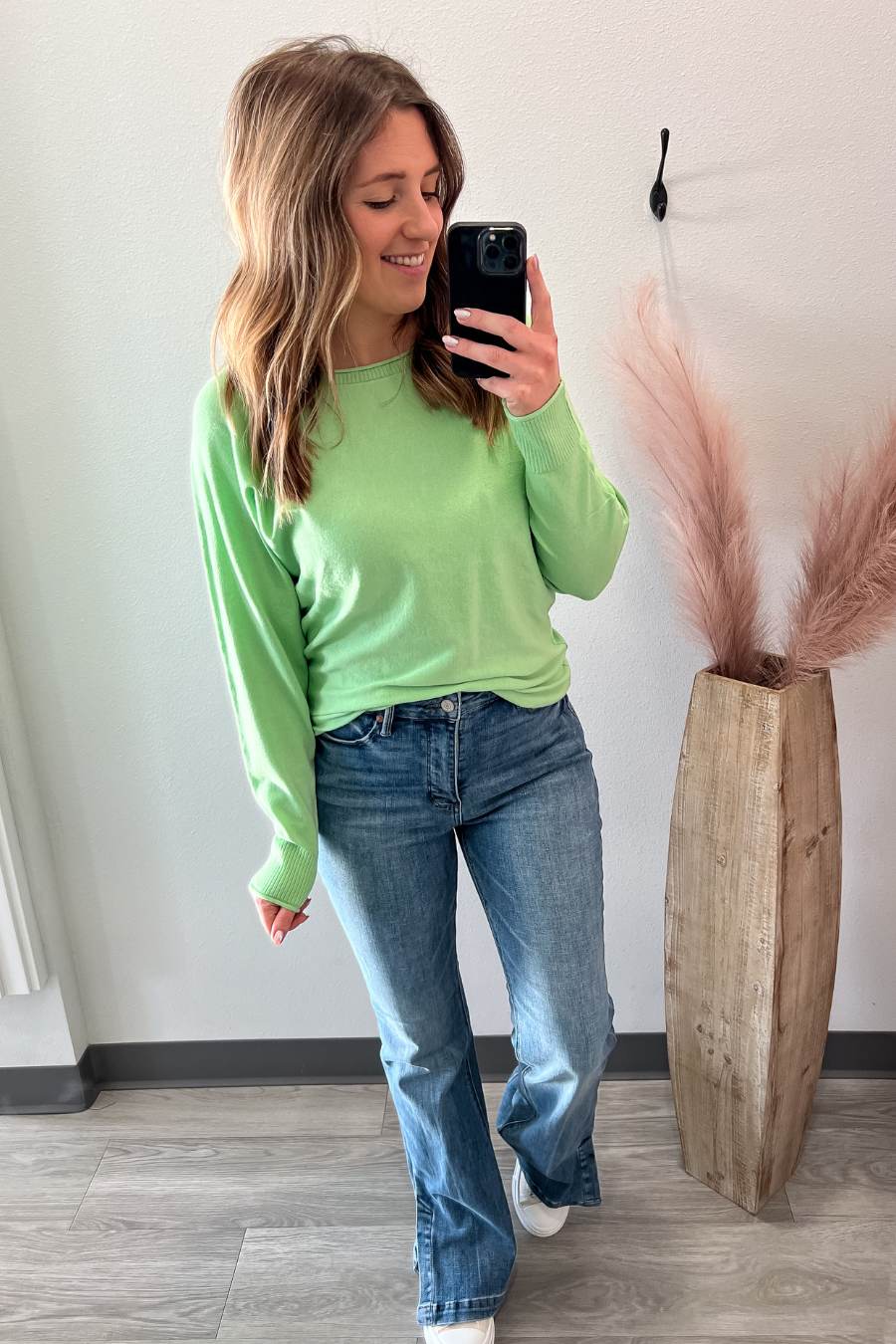 Wide Neck Pullover Sweater- Lime