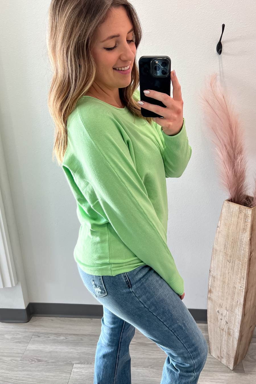 Wide Neck Pullover Sweater- Lime